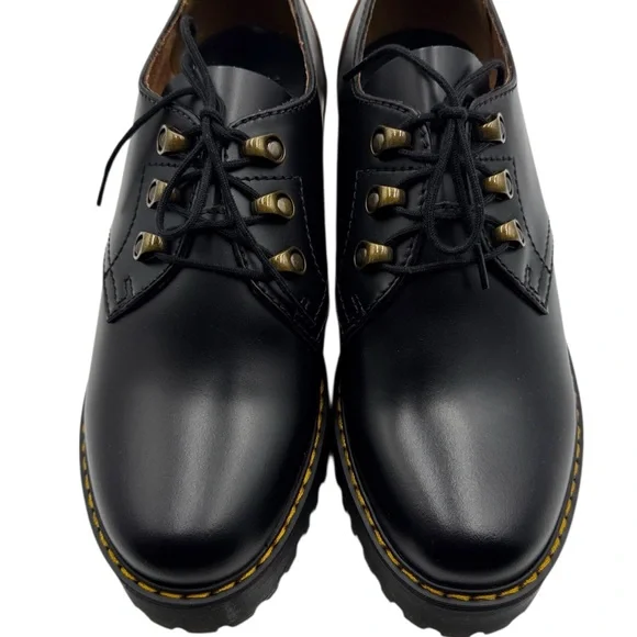 Dr. Martens Leona Low Platform Derby Shoes - Black Vintage Smooth Leather Size 9